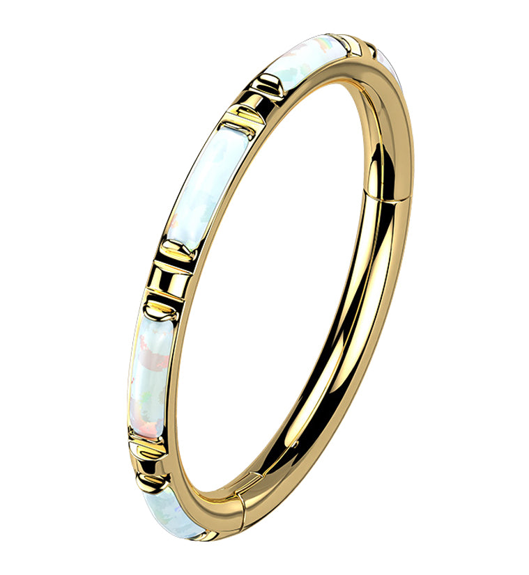 Gold PVD Oblong White Opalite Edge Hinged Segment Ring