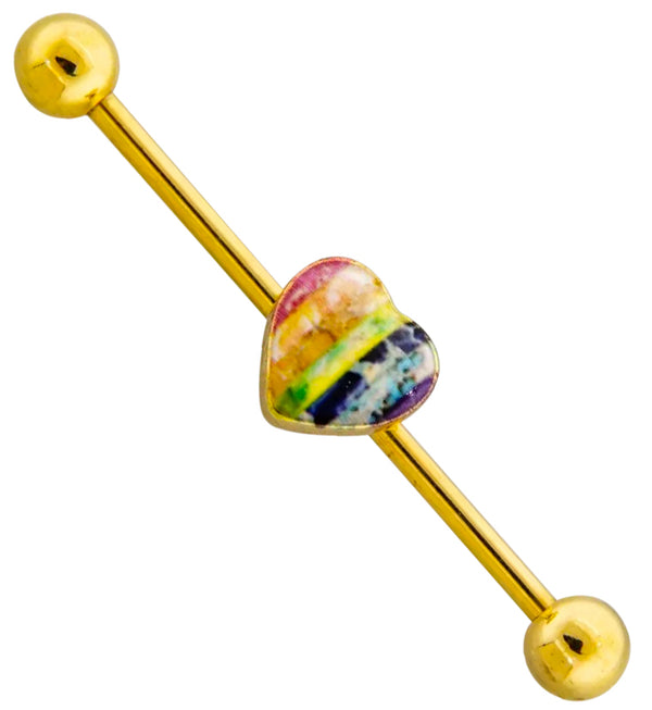 Gold PVD Opalite Rainbow Heart Industrial Barbell