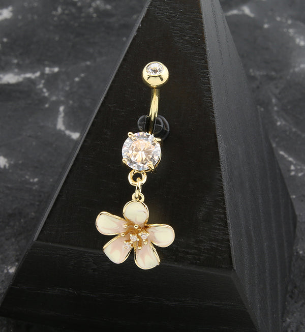 Gold PVD Painted White Flower Clear CZ Dangle Belly Button Ring