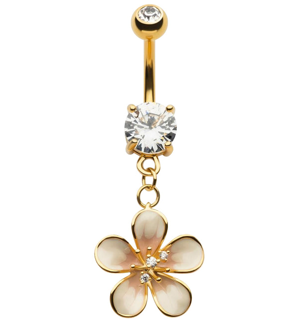 Gold PVD Painted White Flower Clear CZ Dangle Belly Button Ring