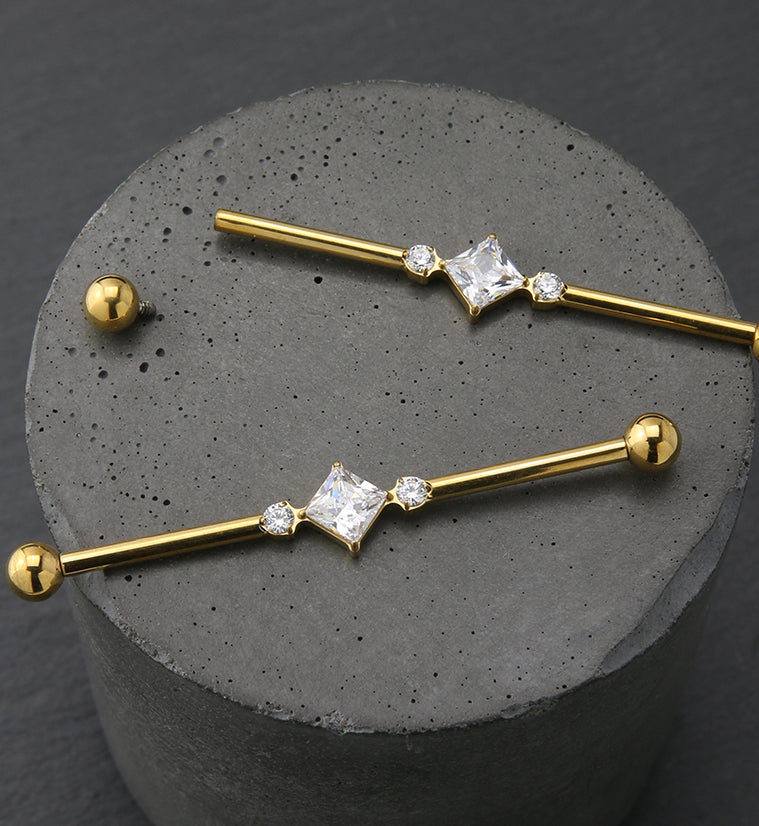 Gold PVD Paragon Clear CZ Titanium Industrial Barbell