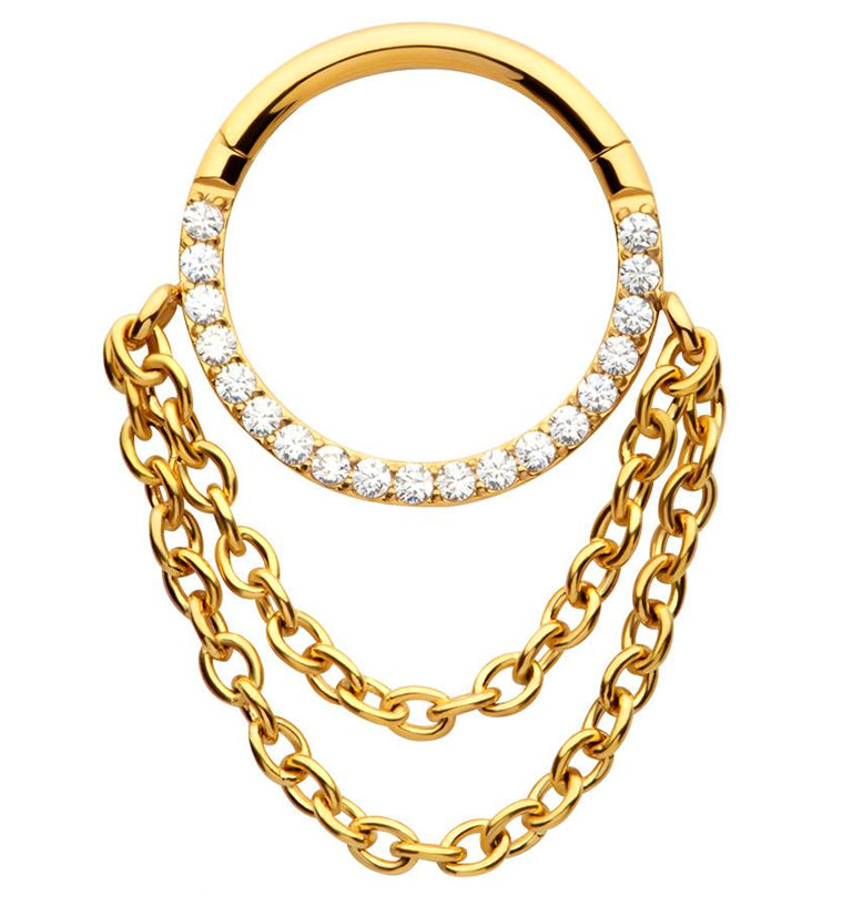 Gold PVD Pave CZ Double Dangle Chain Stainless Steel Hinged Segment Ring