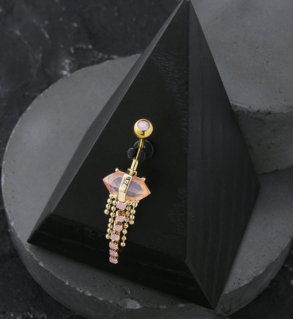 Gold PVD Pink Crystal Bead Chain Stainless Steel Belly Button Ring