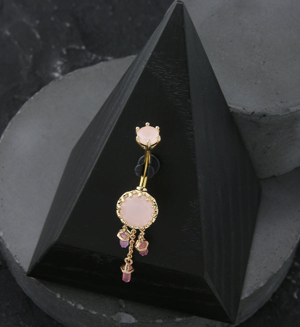 Gold PVD Pink Crystal Dangle Stainless Steel Belly Button Ring