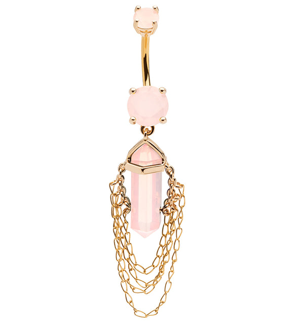 Gold PVD Pink Crystal Multi Dangle Chain Stainless Steel Belly Button Ring