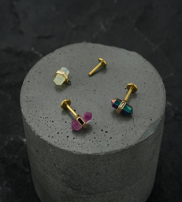 Gold PVD Pink Crystal Stainless Steel Internally Threaded Labret