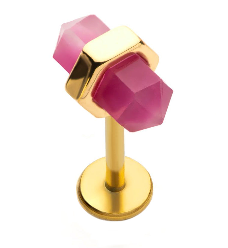Gold PVD Pink Crystal Stainless Steel Internally Threaded Labret