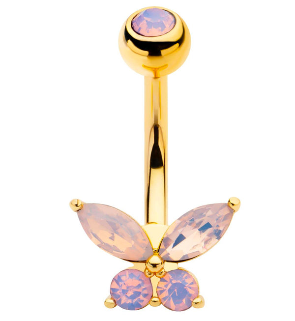 Gold PVD Pink Opalite Butterfly Stainless Steel Belly Button Ring