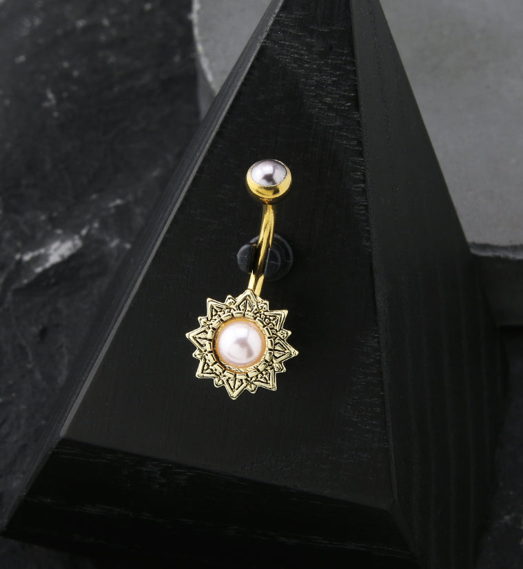 Gold PVD Pink Pearl Sun Stainless Steel Belly Button Ring