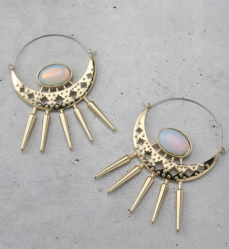 Gold PVD Press White Opalite Crescent Plug Hoops