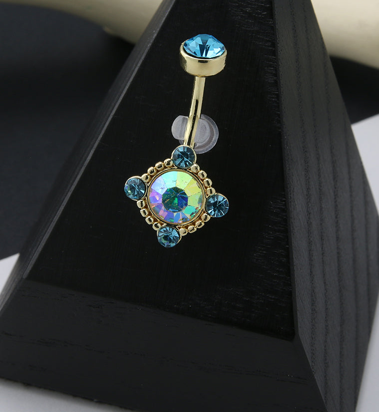 Gold PVD Rainbow Aurora and Aqua CZ Noble Belly Button Ring