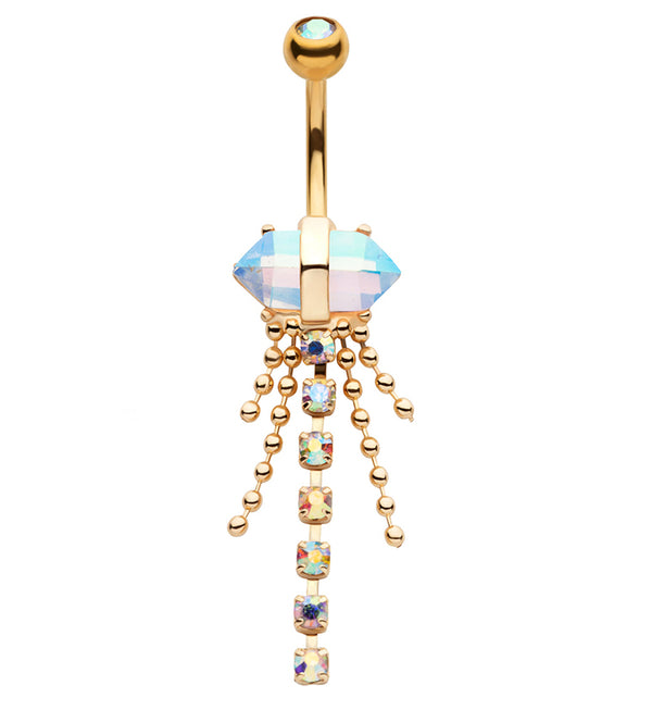 Gold PVD Rainbow Aurora Crystal Bead Chain Stainless Steel Belly Button Ring