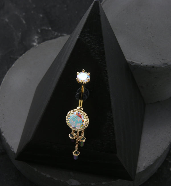Gold PVD Rainbow Aurora Crystal Dangle Stainless Steel Belly Button Ring