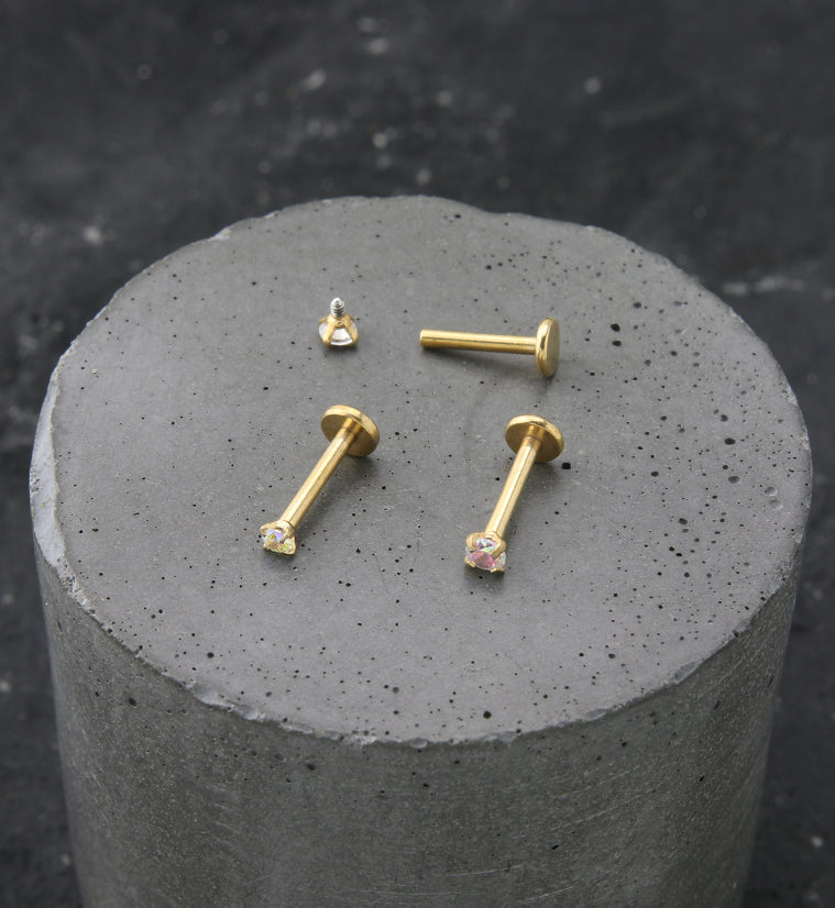 Gold PVD Rainbow Aurora Prong CZ Stainless Steel Internally Threaded Labret