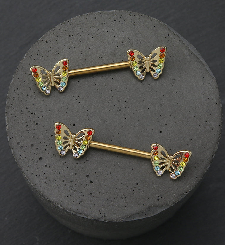 Gold PVD Rainbow Butterfly Stainless Steel Nipple Barbell