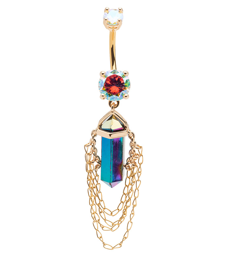 Gold PVD Rainbow Crystal Multi Dangle Chain Stainless Steel Belly Button Ring