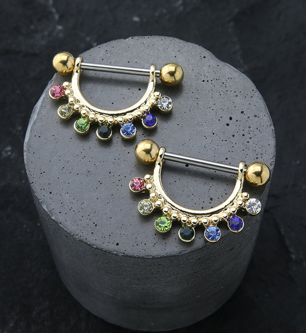 Gold PVD Rainbow CZ Beads Nipple Ring Barbell