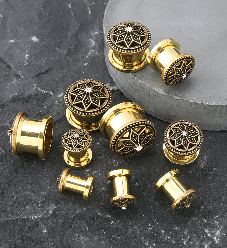 Gold PVD Relic Flower CZ Stainless Steel Tunnel Plugs