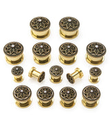Gold PVD Relic Flower CZ Stainless Steel Tunnel Plugs