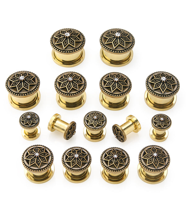 Gold PVD Relic Flower CZ Stainless Steel Tunnel Plugs