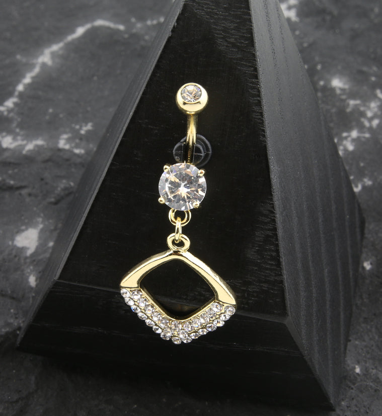 Gold PVD Rhombus Dangle Pave Clear CZ Belly Button Ring