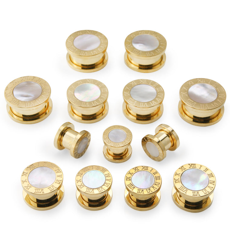 Gold PVD Roman Numeral MOP Stainless Steel Tunnels
