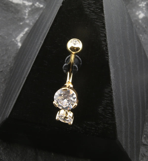 Gold PVD Round Clear CZ Dangle Stainless Steel Belly Button Ring