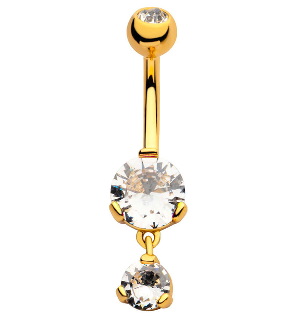 Gold PVD Round Clear CZ Dangle Stainless Steel Belly Button Ring