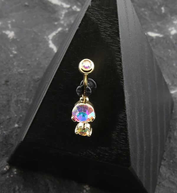 Gold PVD Round Rainbow Aurora CZ Dangle Stainless Steel Belly Button Ring