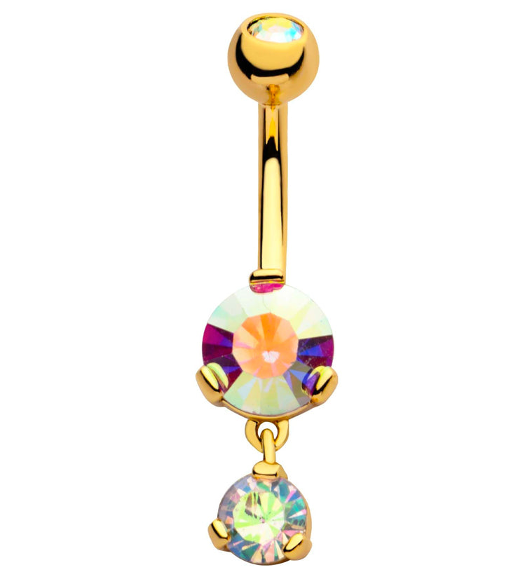 Gold PVD Round Rainbow Aurora CZ Dangle Stainless Steel Belly Button Ring