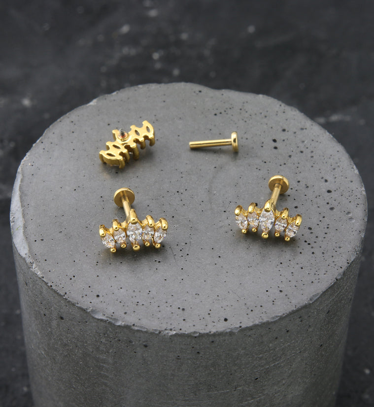 Gold PVD Royal Marquise Clear CZ Stainless Steel Internally Threaded Labret