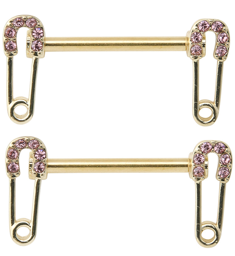 Gold PVD Safety Pin Pink CZ Stainless Steel Nipple Barbell