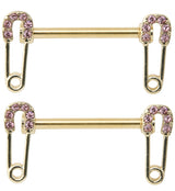 Gold PVD Safety Pin Pink CZ Stainless Steel Nipple Barbell