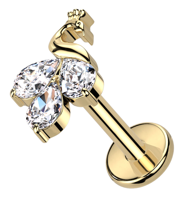 Gold PVD Sepal Peacock Clear CZ Internally Threaded Titanium Labret