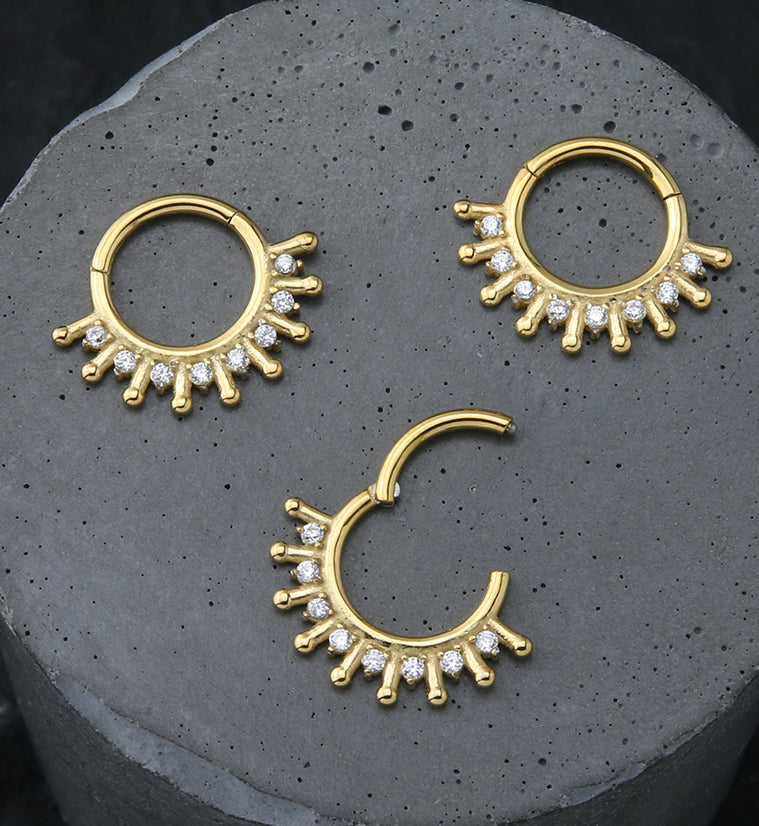 Gold PVD Solar Rays CZ Stainless Steel Hinged Segment Ring