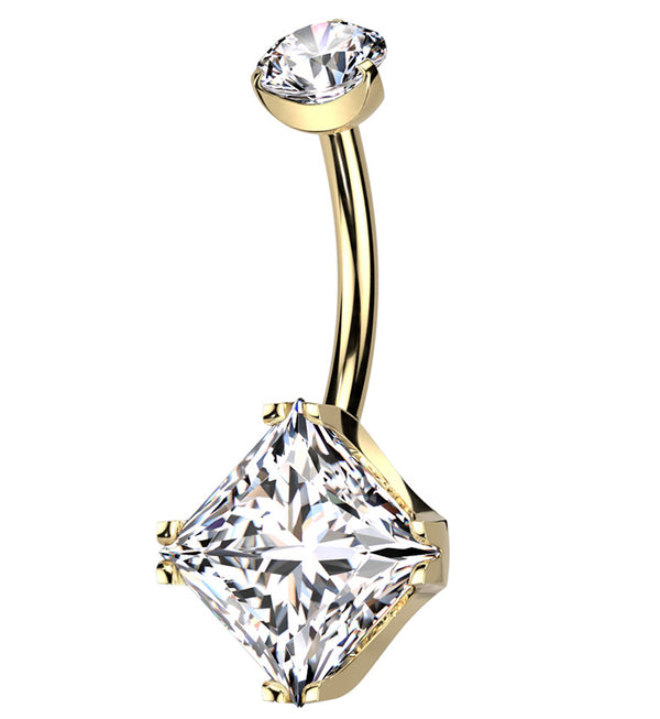 Gold PVD Square Clear CZ Internally Threaded Titanium Belly Button Ring