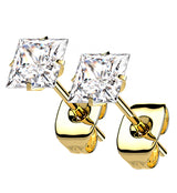 Gold PVD Square Prong CZ Titanium Earrings