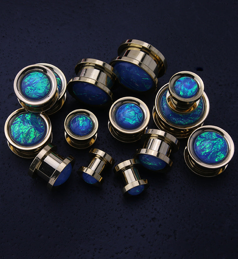Gold PVD Stainless Steel Blue Opal Screw Back Plugs