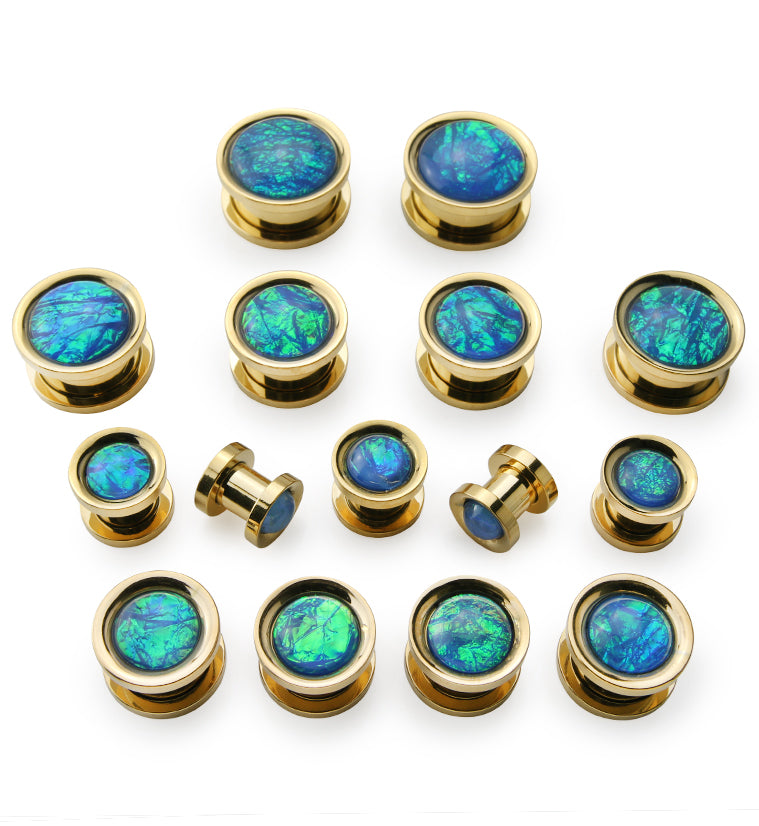 Gold PVD Stainless Steel Blue Opal Screw Back Plugs