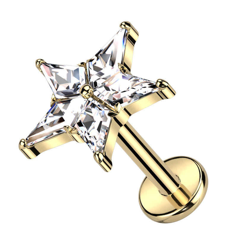 Gold PVD Star Flower Clear CZ Titanium Internally Threaded Labret