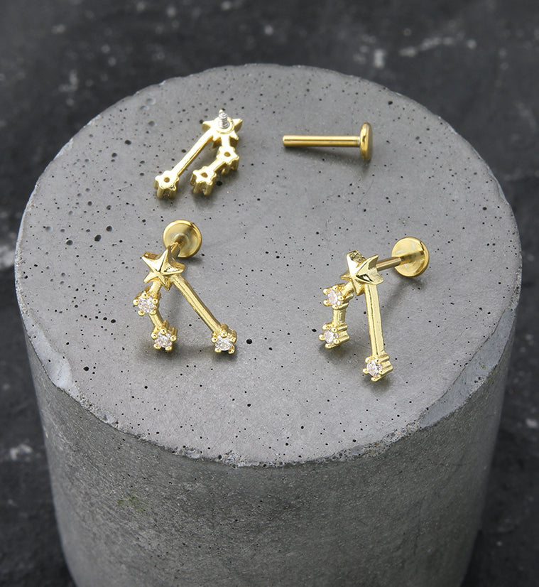 Gold PVD Taurus Constellation Clear CZ Stainless Steel Internally Threaded Labret