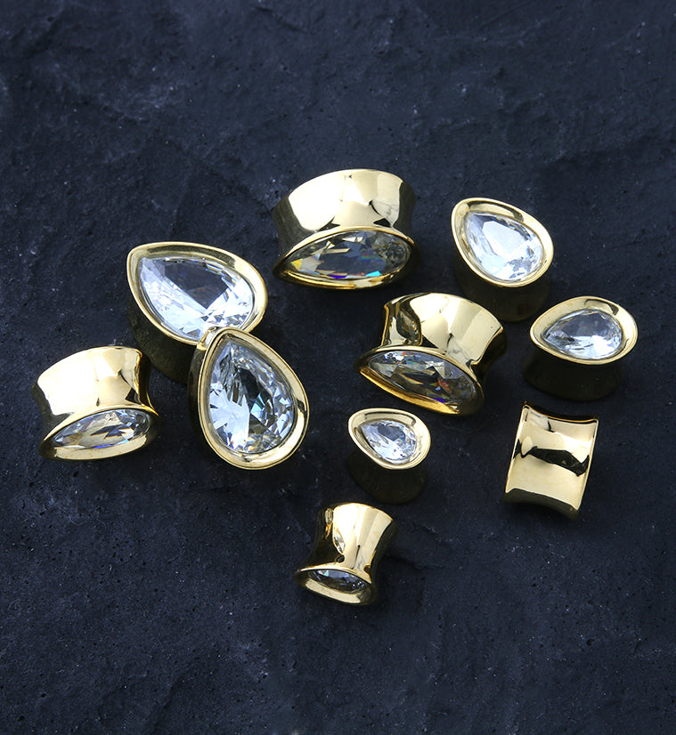 Gold PVD Teardrop Clear CZ Stainless Steel Tunnels