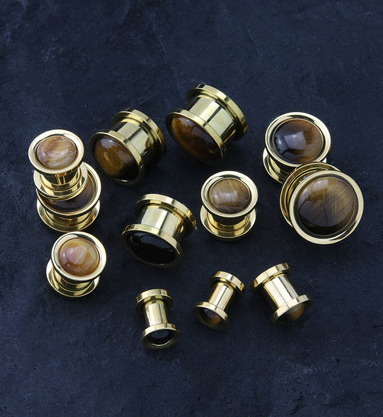 Gold PVD Tigers Eye Stone Stainless Steel Screw Back Tunnel Plugs