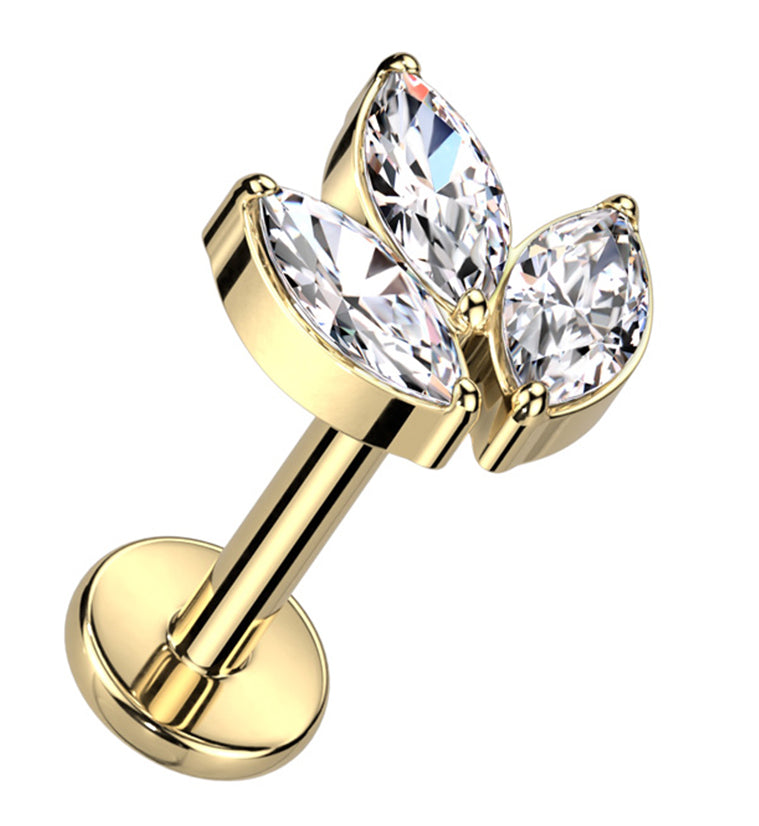 Gold PVD Tri Sepal Clear CZ Titanium Internally Threaded Labret