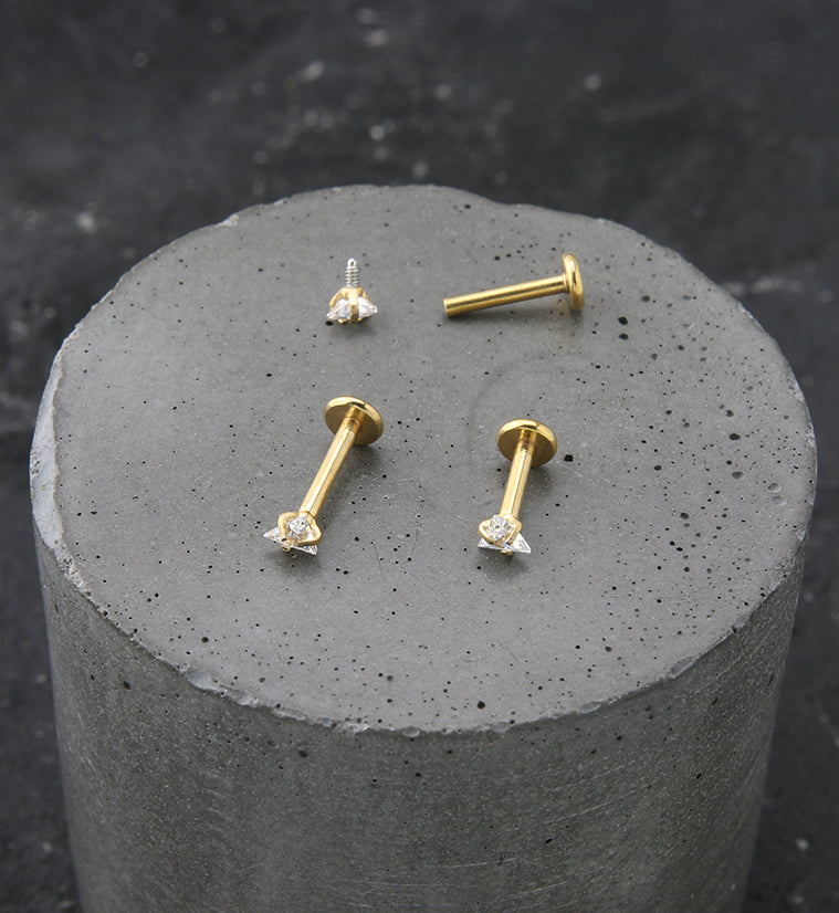 Gold PVD Triangle Clear CZ Stainless Steel Internally Threaded Labret
