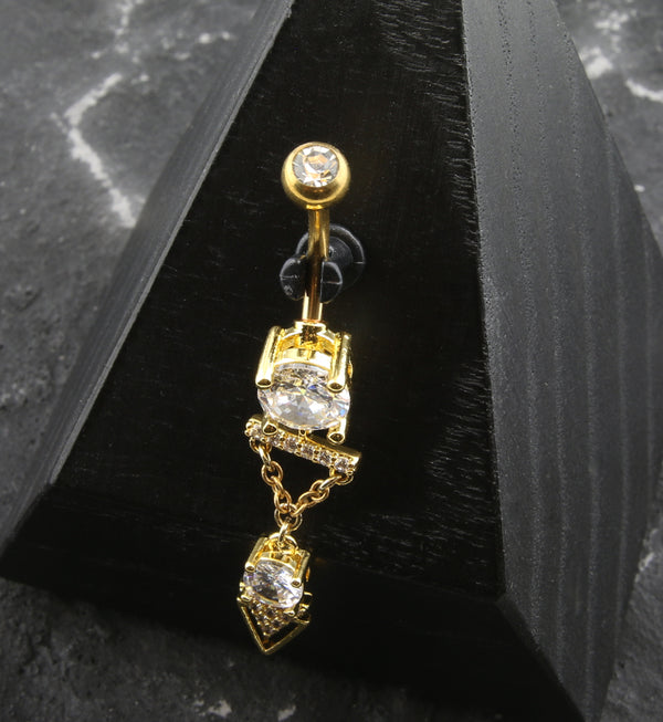 Gold PVD Triangle Descent Dangle Clear CZ Belly Button Ring