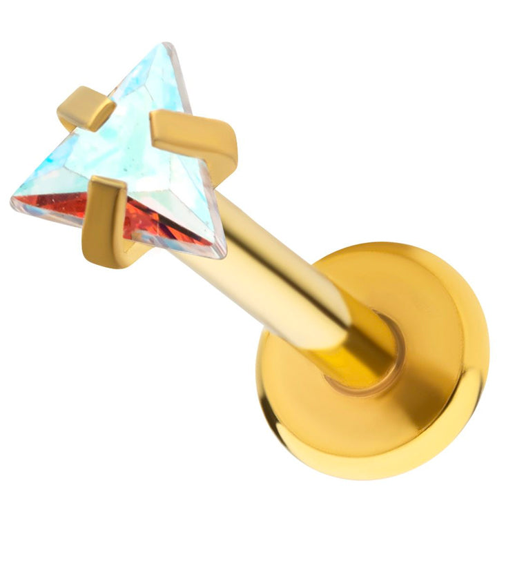 Gold PVD Triangle Rainbow Aurora CZ Stainless Steel Internally Threaded Labret