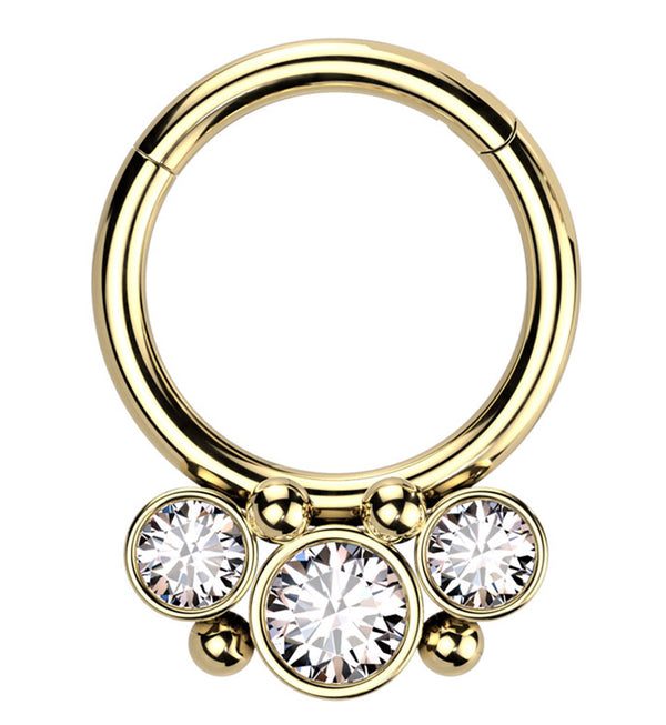 Gold PVD Triple Beaded Clear CZ Stainless Steel Hinged Segment Ring