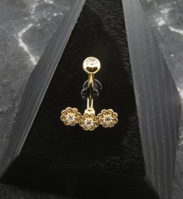 Gold PVD Triple Flower Clear CZ Stainless Steel Belly Button Ring