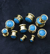 Gold PVD Turquoise Stone Stainless Steel Screw Back Tunnel Plugs
